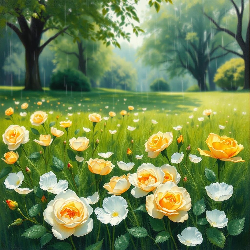 Roses in Park: Gouache Painting with Floral Patterns