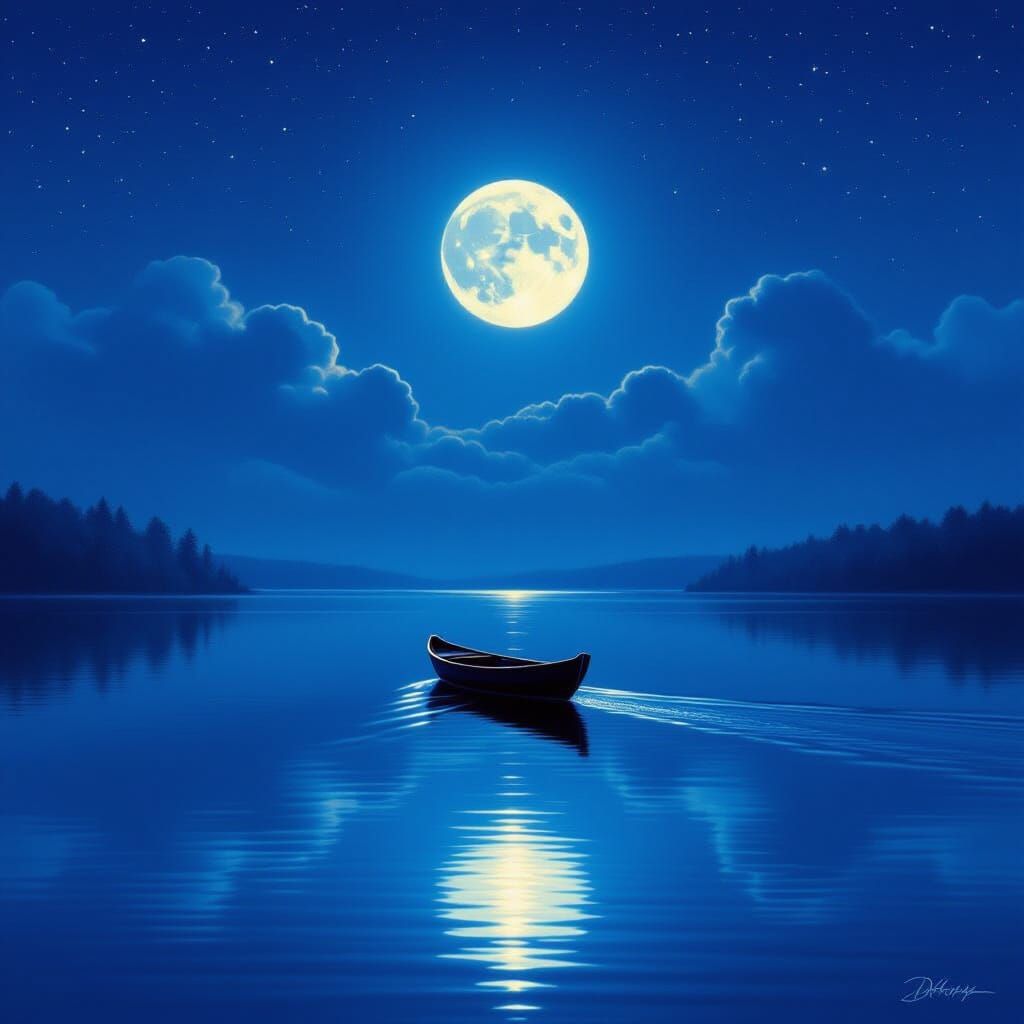 Serene Moonlit Lake Reflection Digital Painting