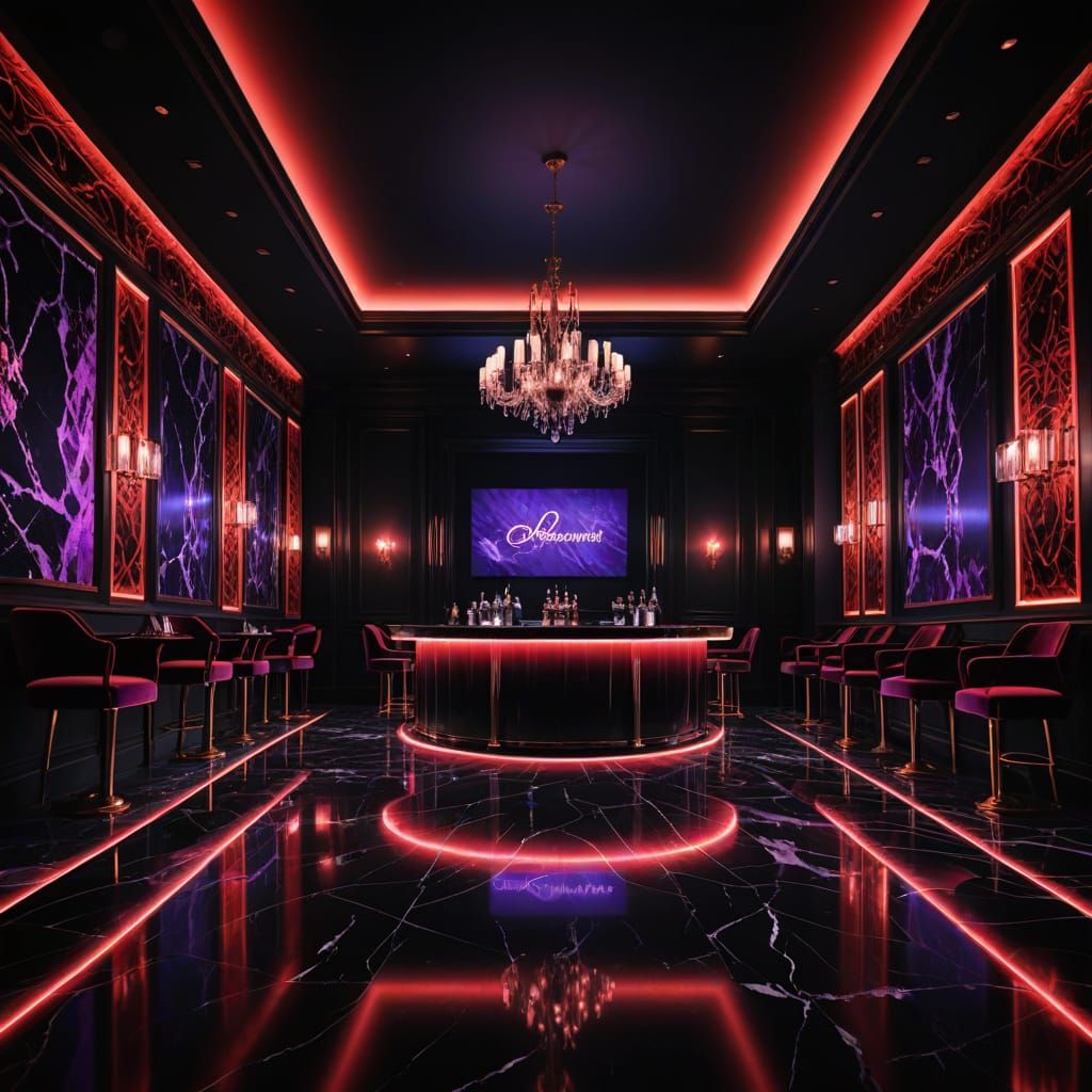 Luxurious Nightclub in Black and Red Hues with Dramatic Ligh...