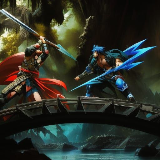 Epic Anime Battle on Stone Bridge: Digital Painting