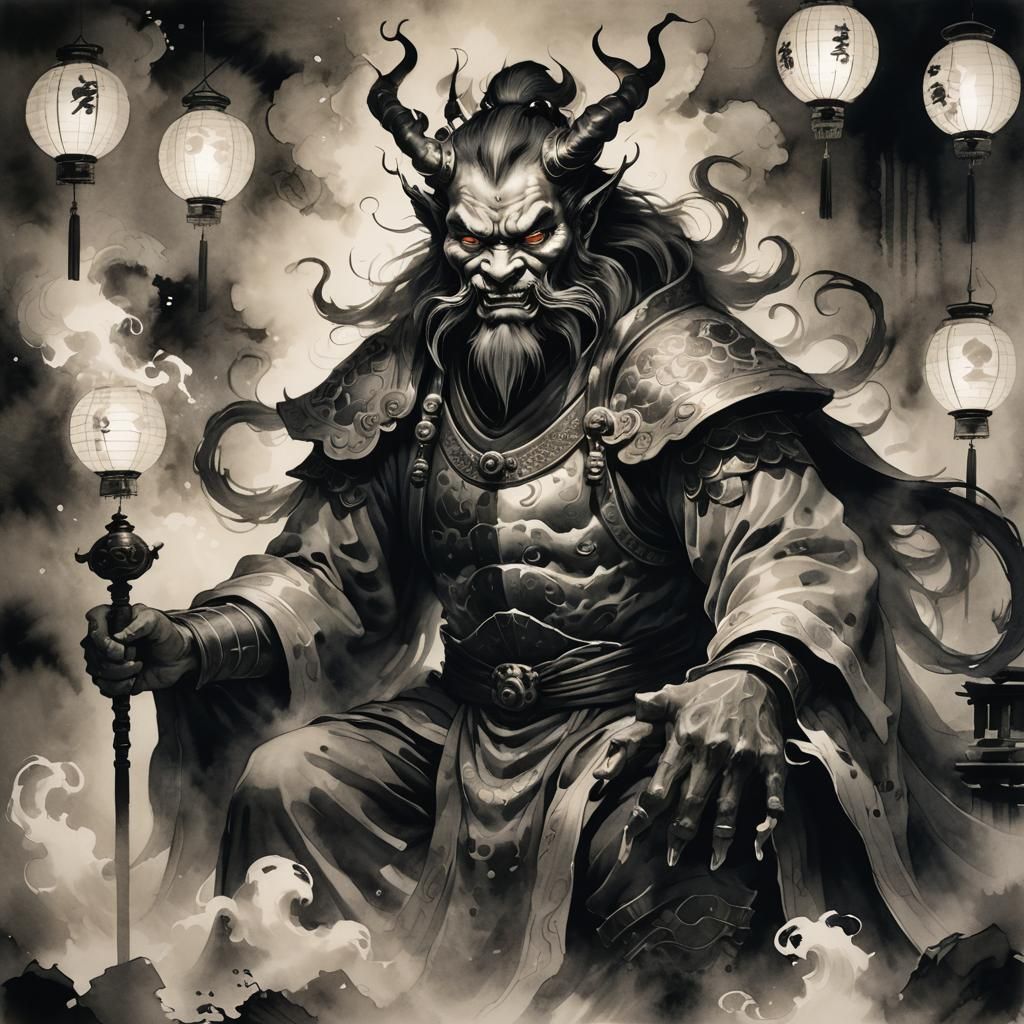 King of Demons Portrait in Ink Wash Style