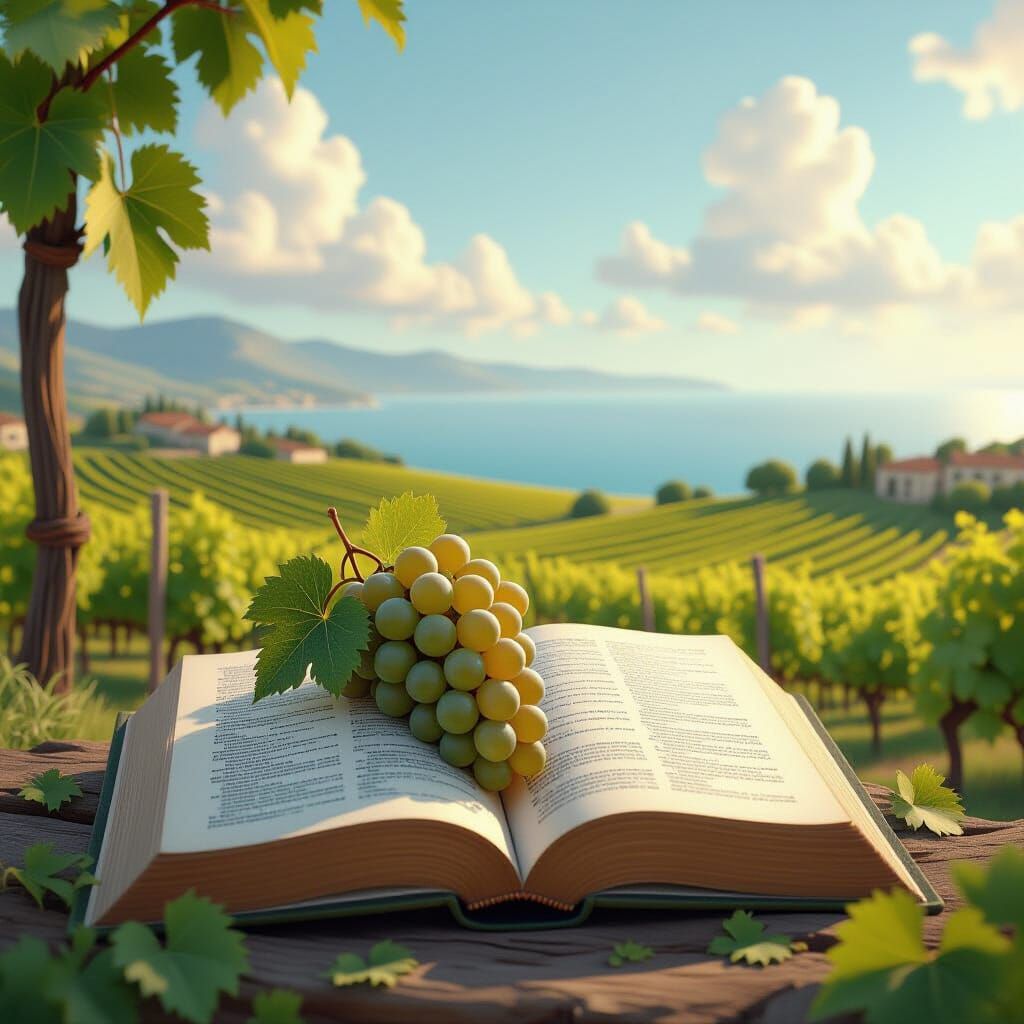 Grapes and Books in 3D Digital Art Style
