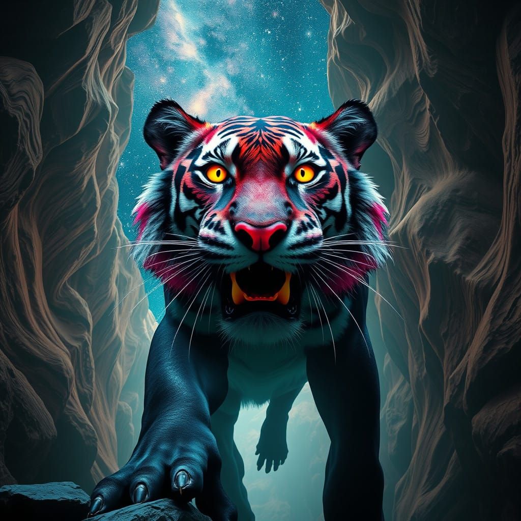 Glowing Tiger Emerges from Cosmic Void, in a Fierce Dutch An...