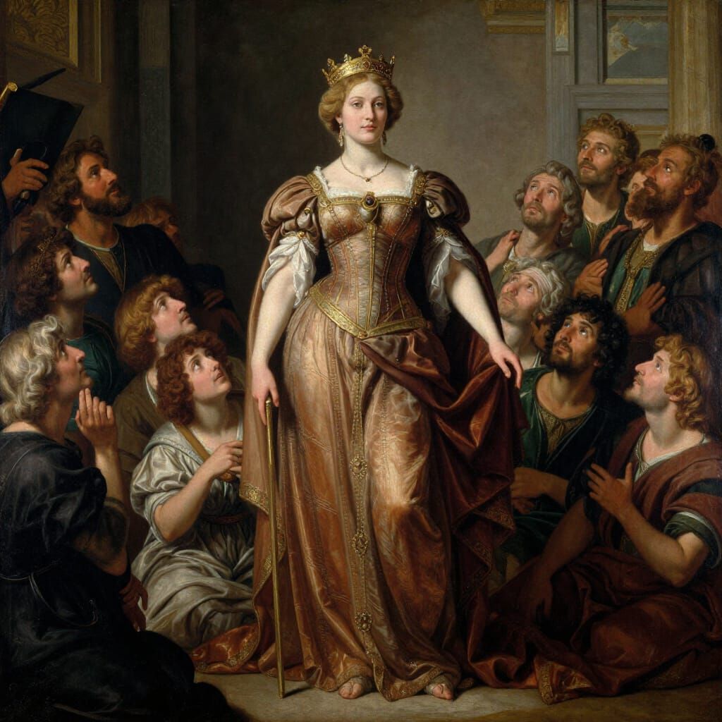 Regal Queen in Luxurious Garments, Ancient Masterpiece Style