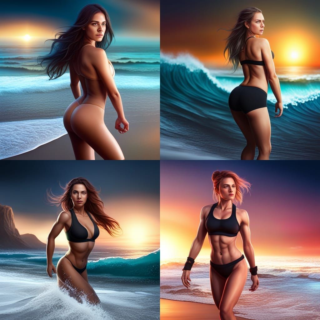 Athletic Girl on Realistic Beach at Sunset