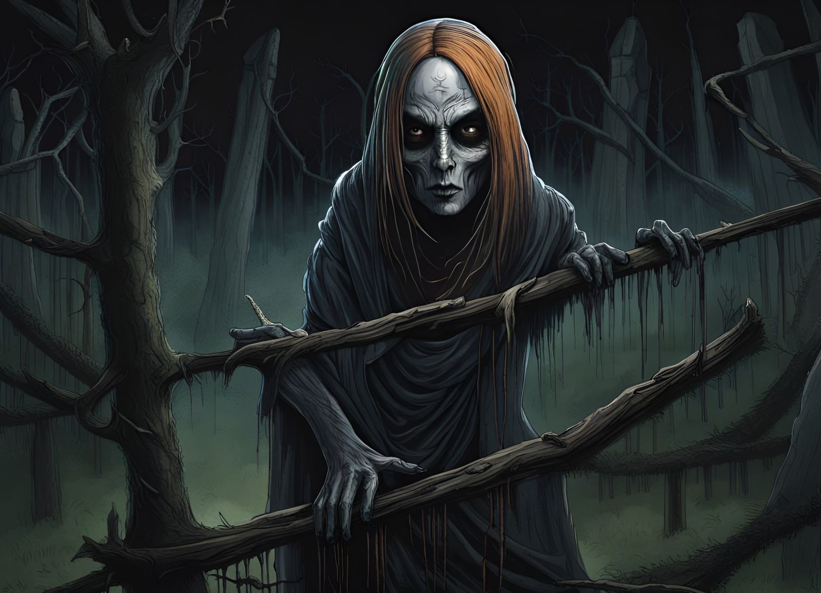 Ethereal Ghostly Woman in Haunted Forest: Digital Art