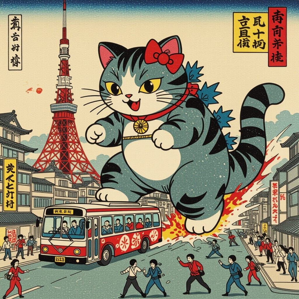 Hello Kitty Kaiju Attacks Tokyo in Ukiyo-e Style