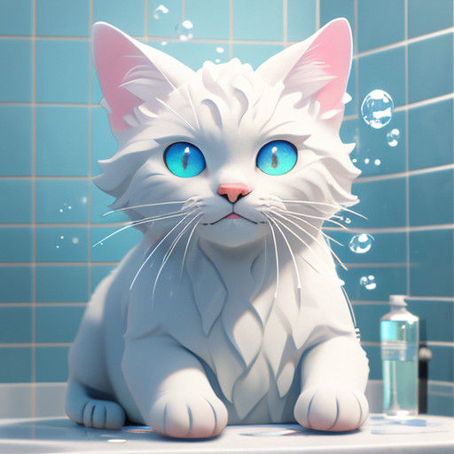 Cinematic 3D Cat Bathing in a Sparkling Bathroom