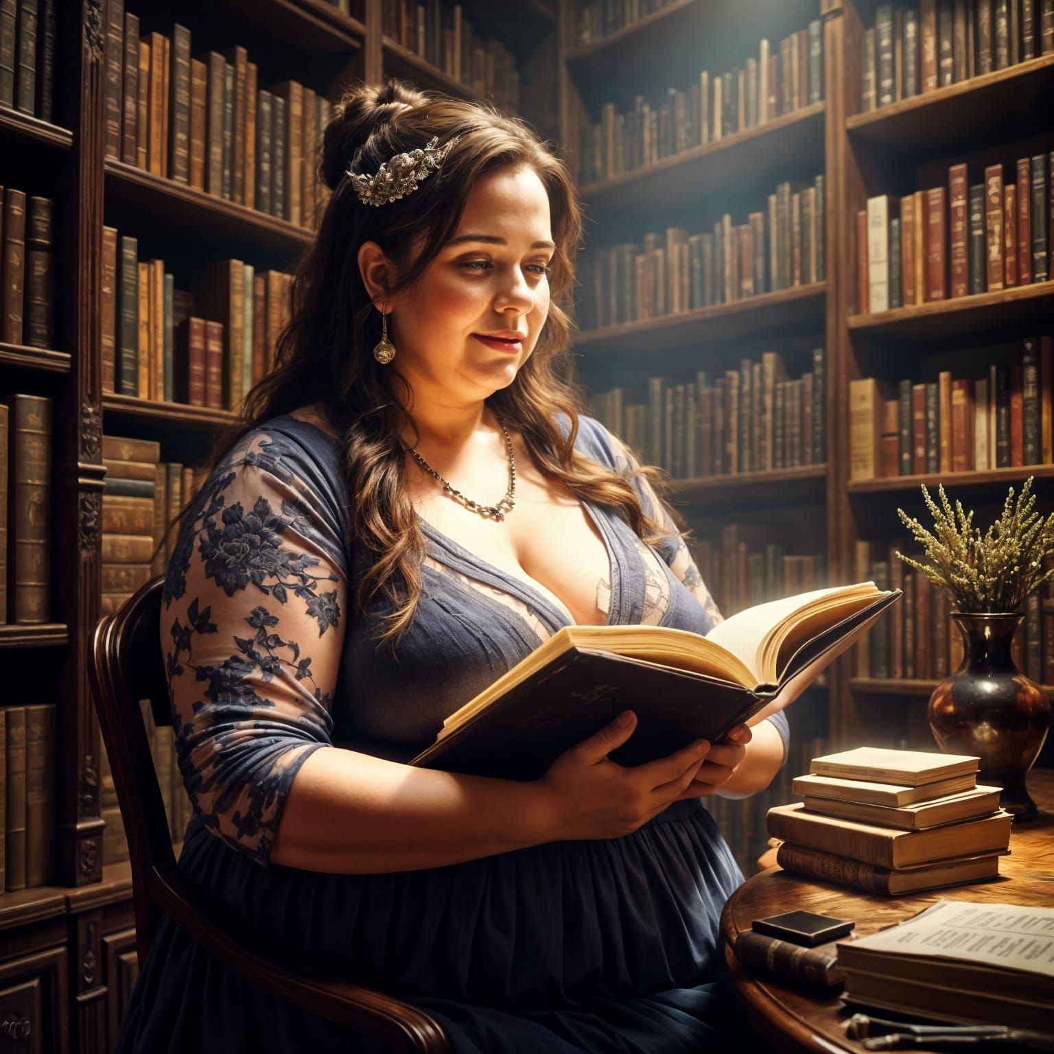 Woman Reading in Old Library, Pastel Drawing