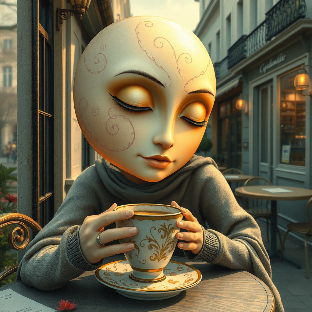 Moon Sun Face Sipping Coffee in Paris, Surreal Art