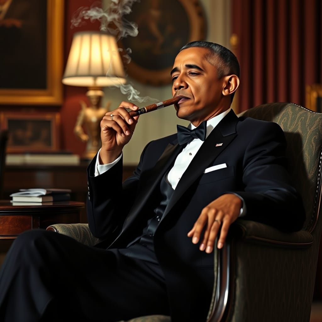 Former US President Smokes a Cigar in Formal Attire