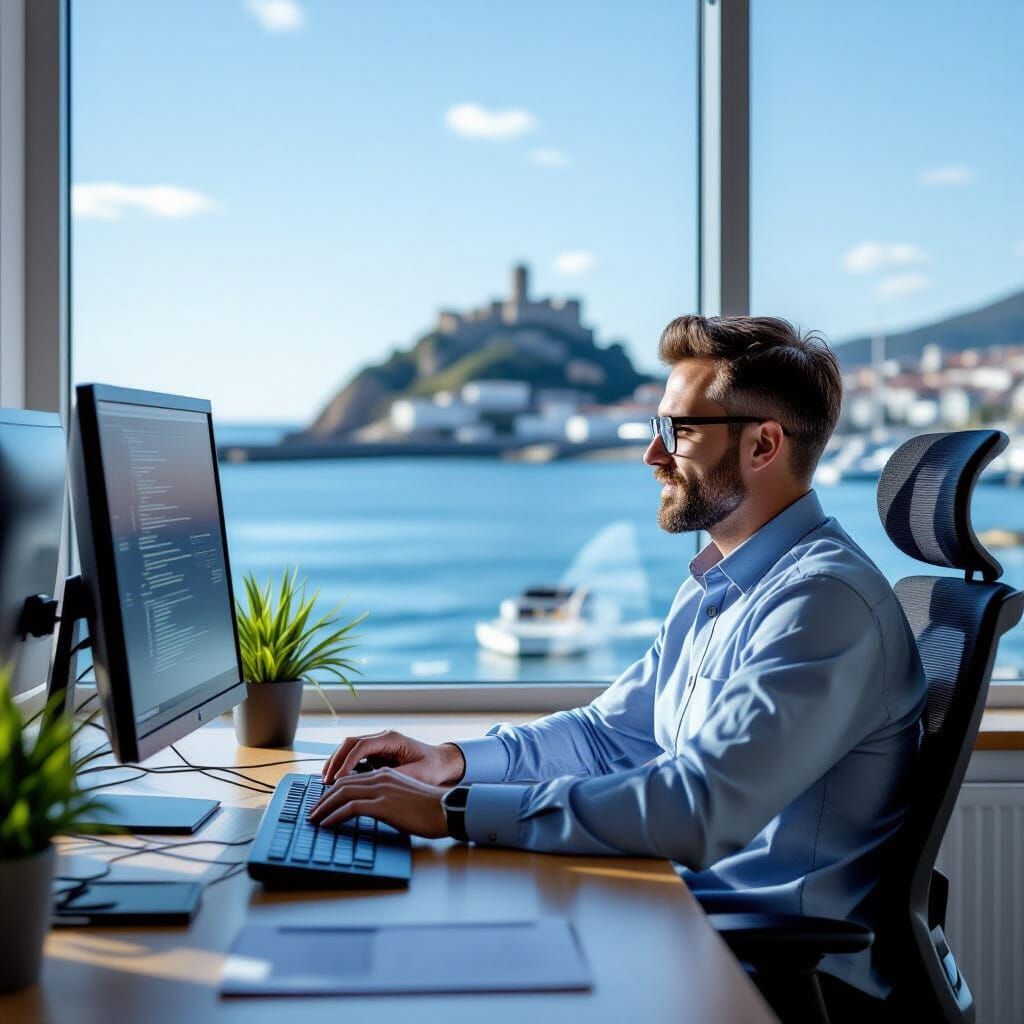 Man Working with AI Overlooking Bay in Digital Style