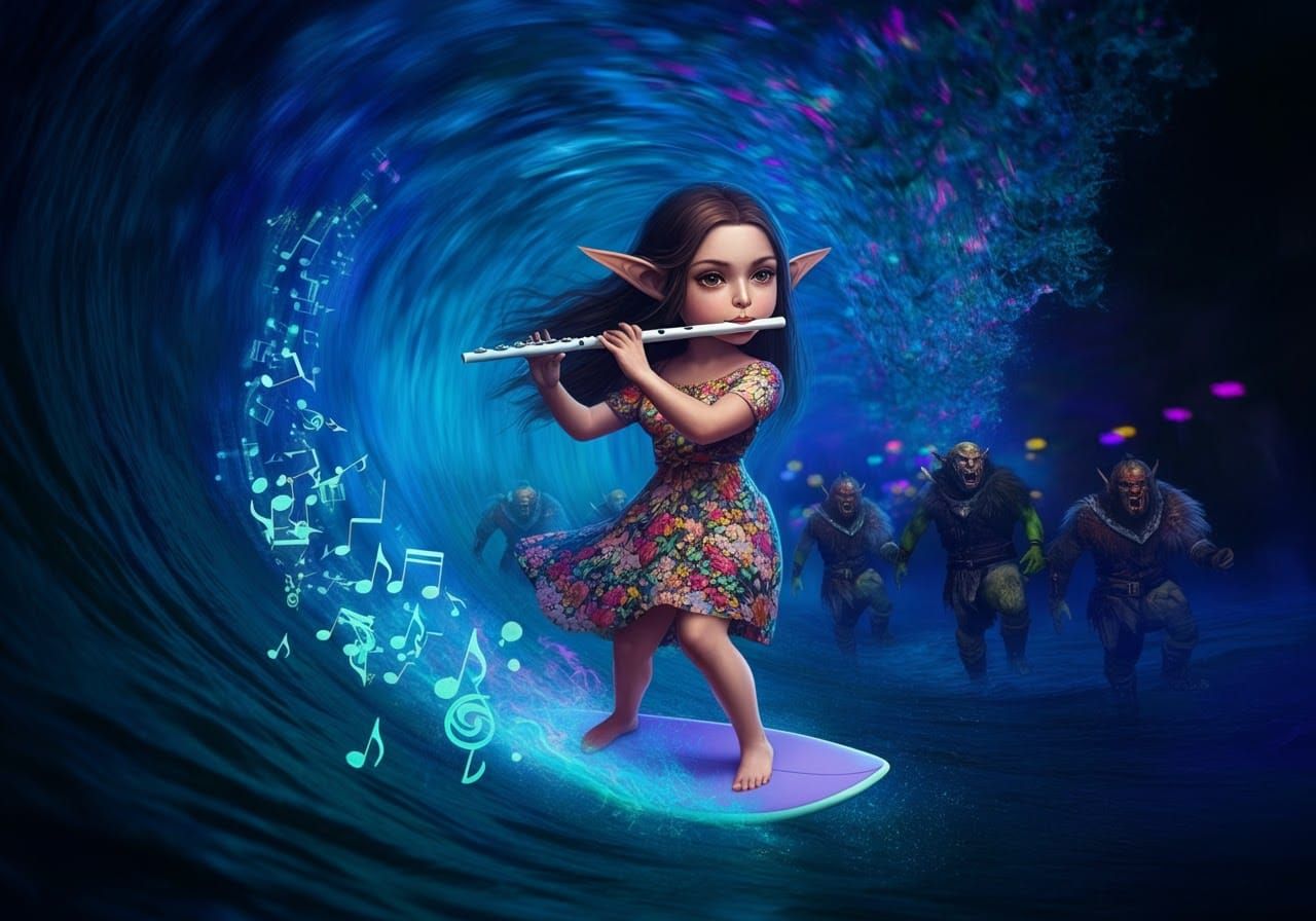 Elven Bard Surfing a Wave of Fluorescent Notes