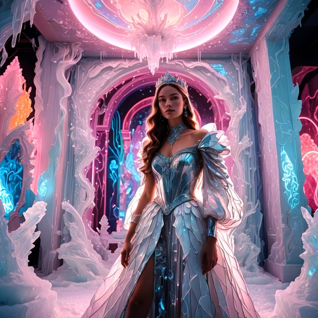 Surreal Princess Emerges in Neon Lit Trophy Room