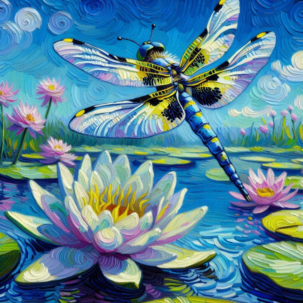 Dragonfly and Water Lily Impasto Oil Painting