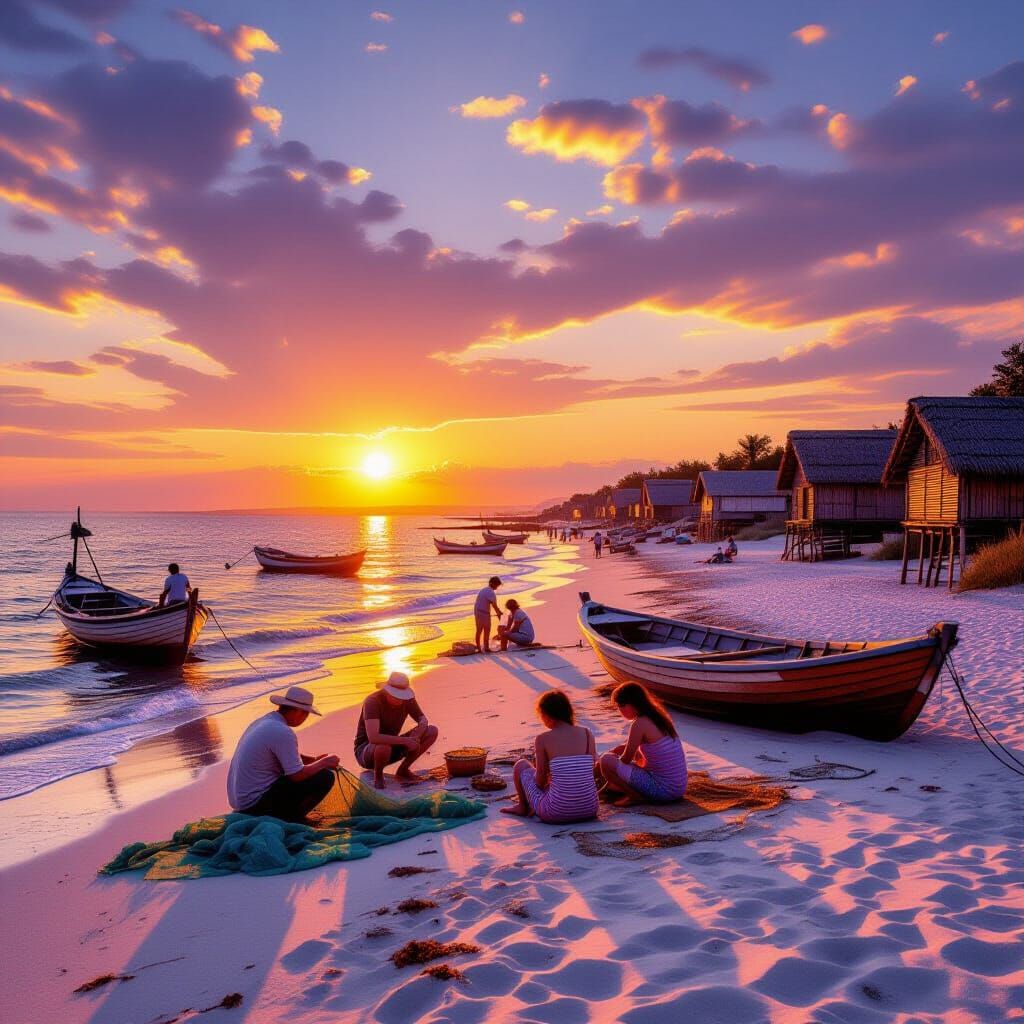 Serene Seashore Village at Sunset, Ultra Realistic