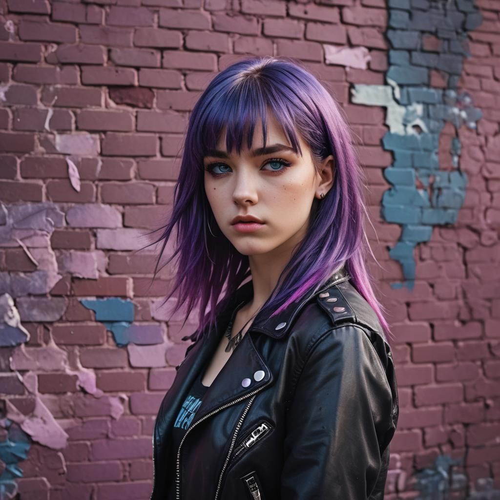 Vibrant Digital Portrait of Punk Teen with Purple Hair