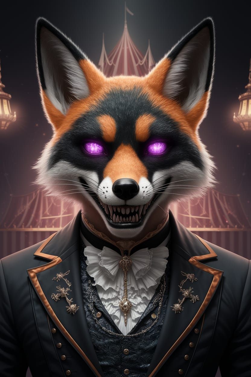 Anthropomorphic Fox Ringleader in Dark Circus Setting