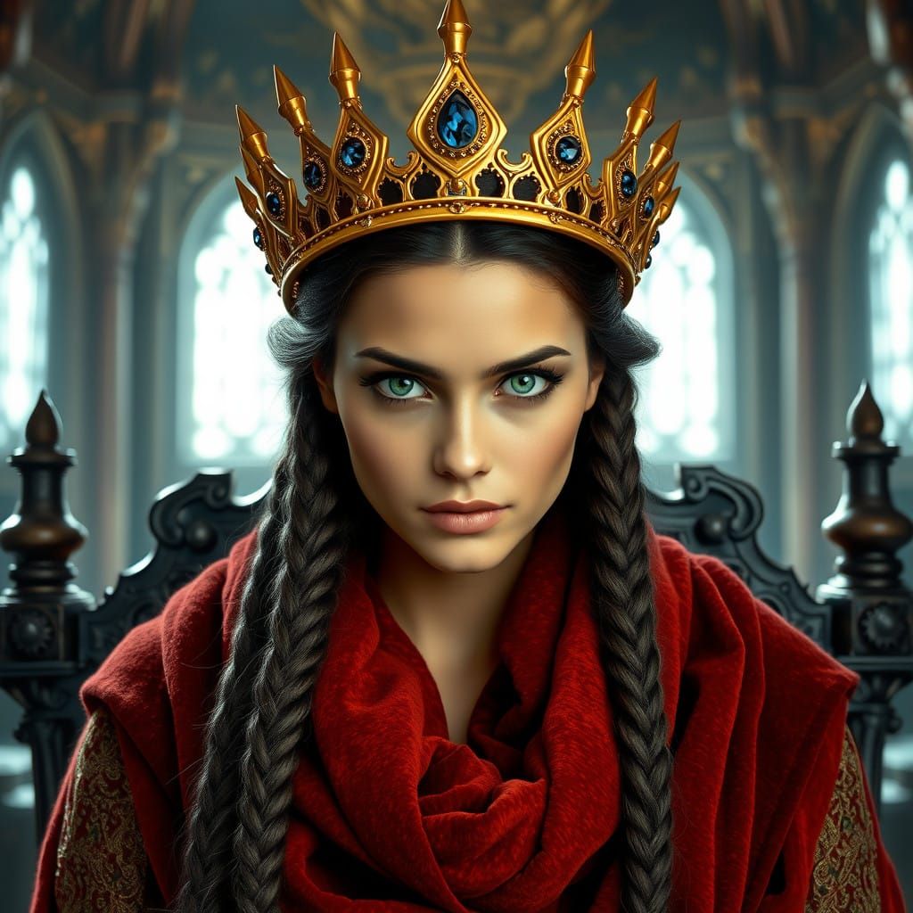 Medieval Queen in Throne Room with Golden Crown