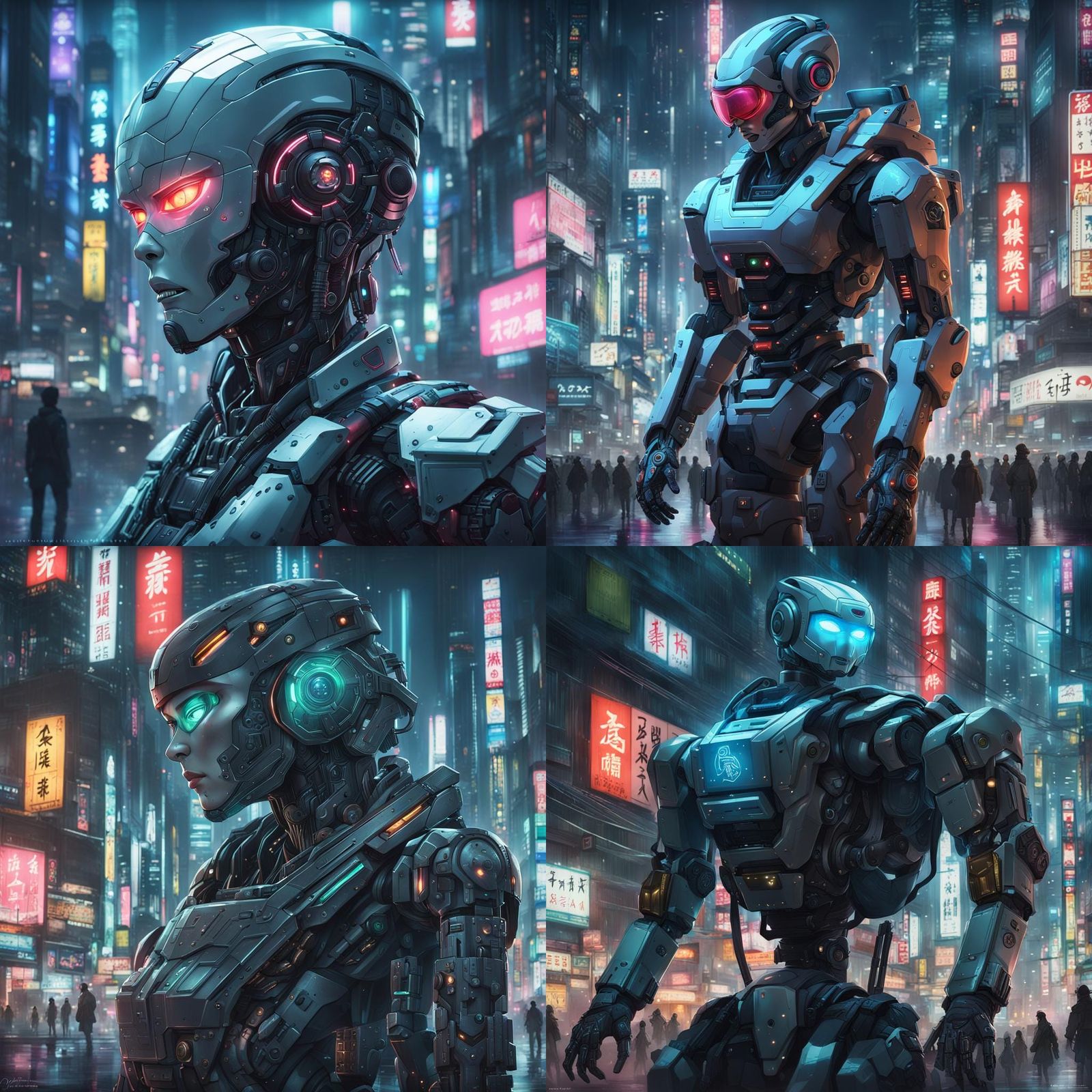 cyberpunk robot in future Japan at nigh