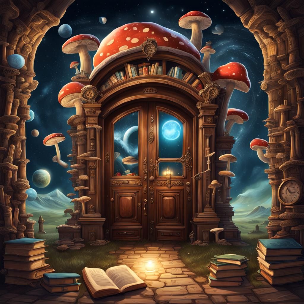 Surreal Library Doorway to Steampunk Planetscape