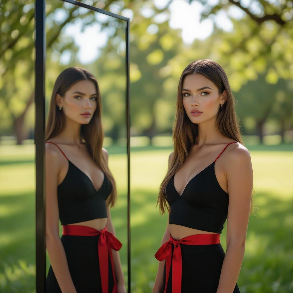 Woman and Mirror Symmetry in Park, Photorealistic