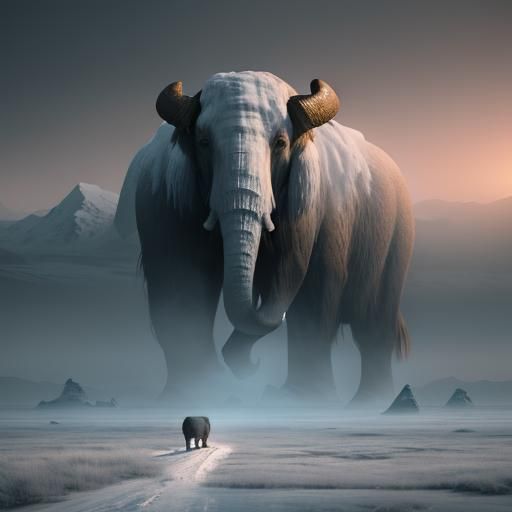 Mammoth Journey Through Icy Wasteland at Sundown