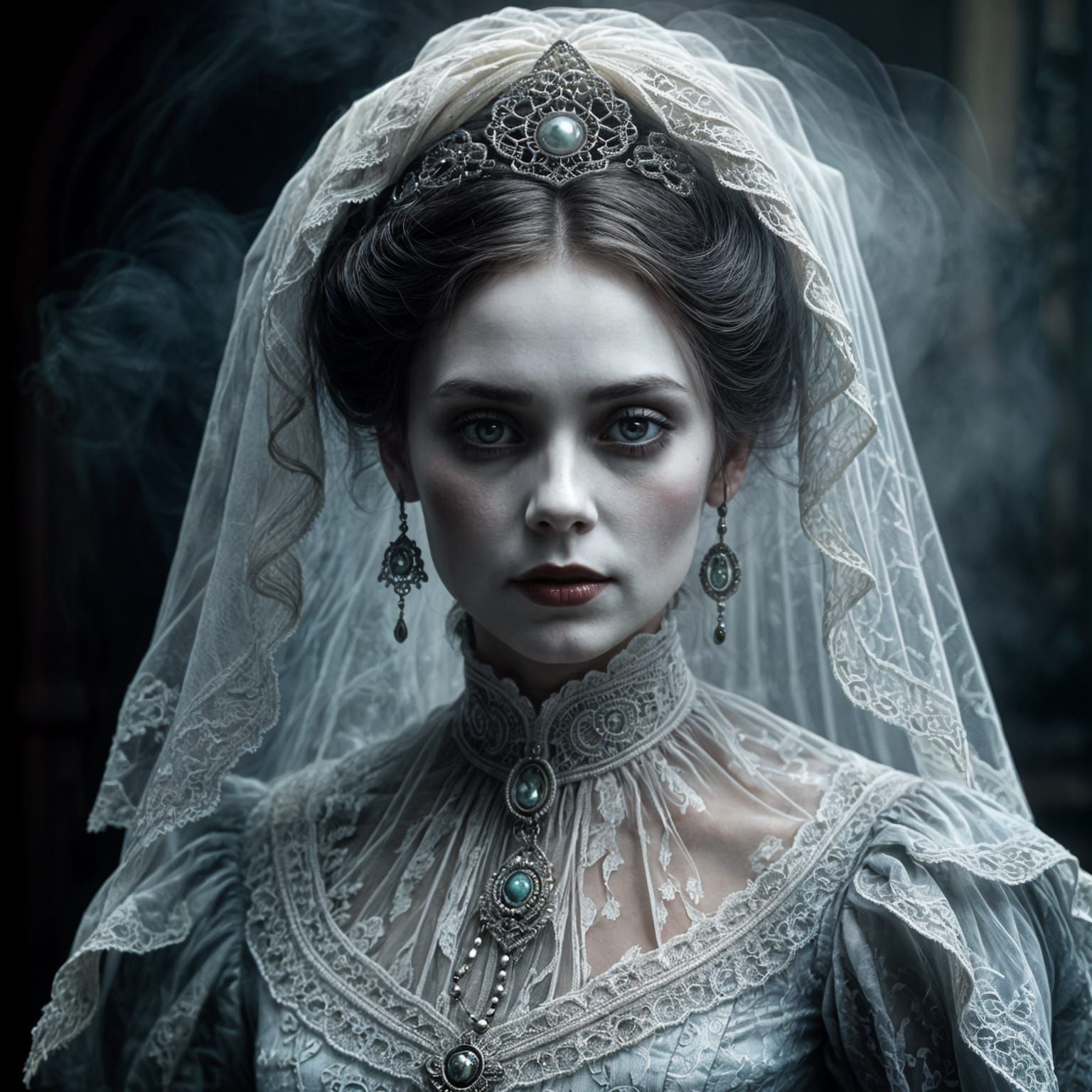Ethereal Victorian Ghost Woman in Misty Ambiance