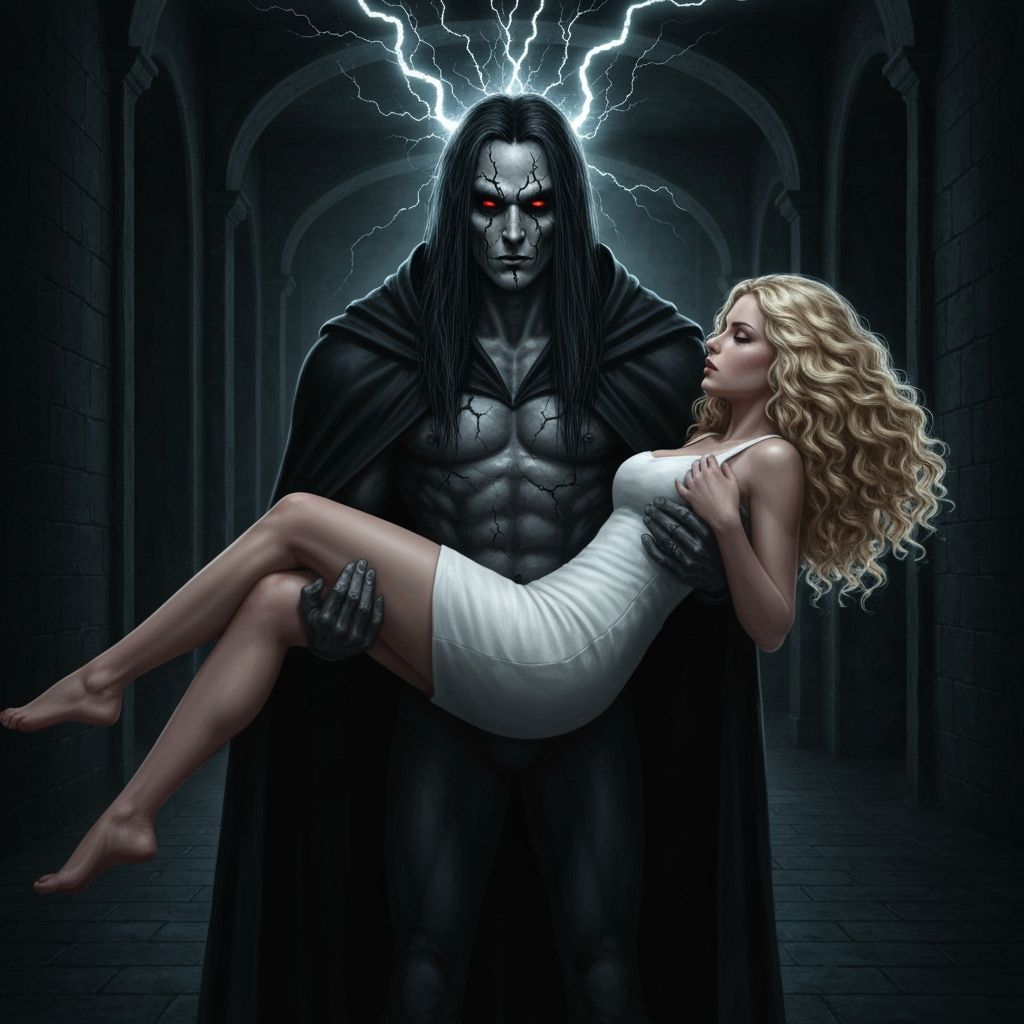 Dark Fantasy Horror Scene: Man Carries Woman Through Castle