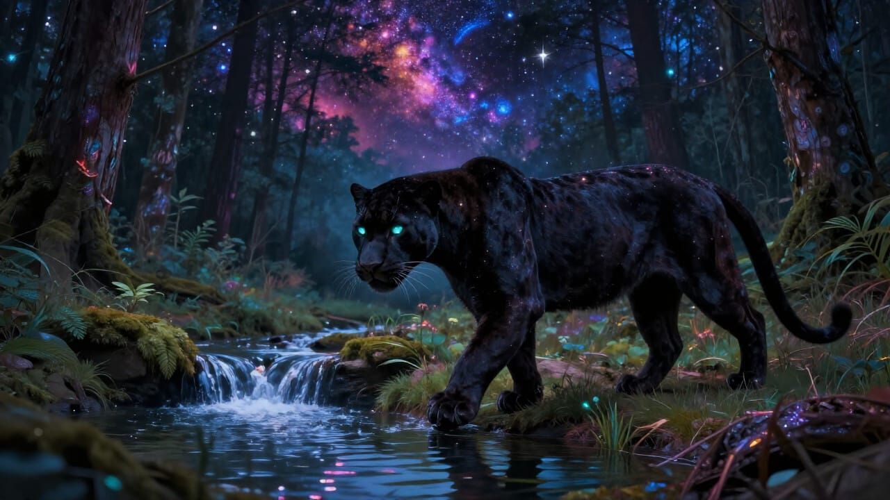 Night Forest Clearing with Panther Under Starlit Sky
