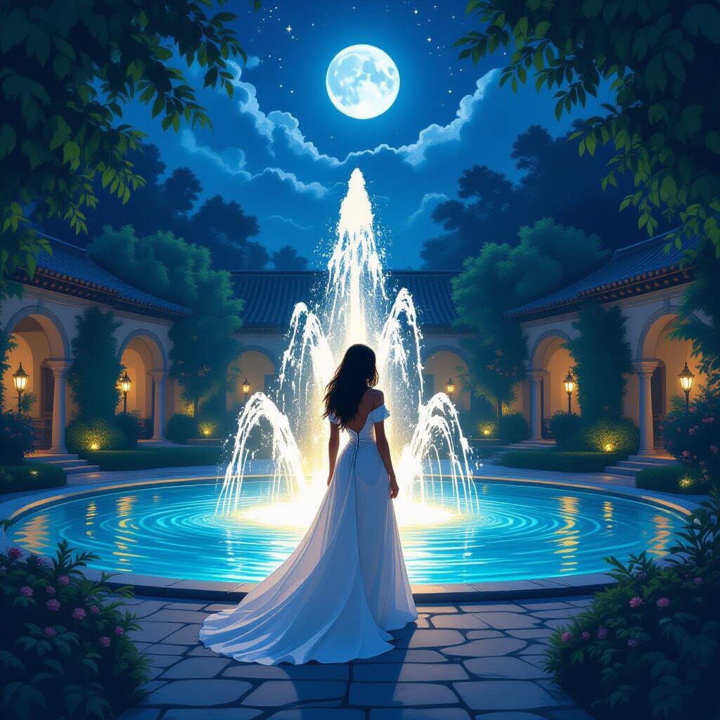 Moonlit Fountain Scene in Mystical Style