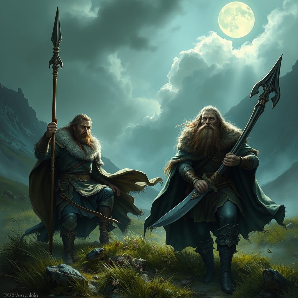 Celtic Heroes Cú Chulainn & Fionn in Dramatic Twilight