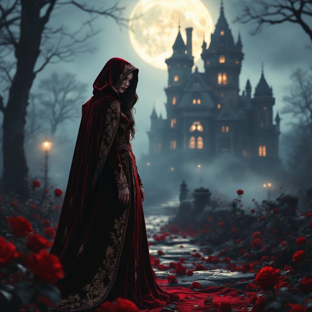 Gothic Romance: Brunette in Red Velvet Dress