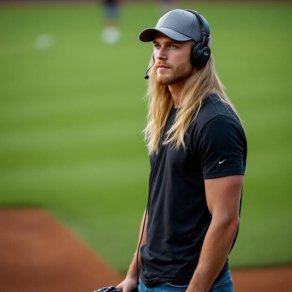 Photorealistic Portrait of Young Cameraman on Baseball Field