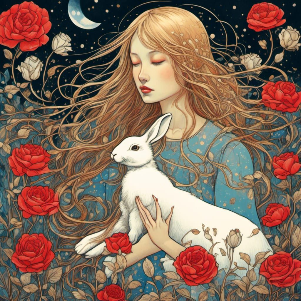 Tonalist Woman with Rabbit and Roses