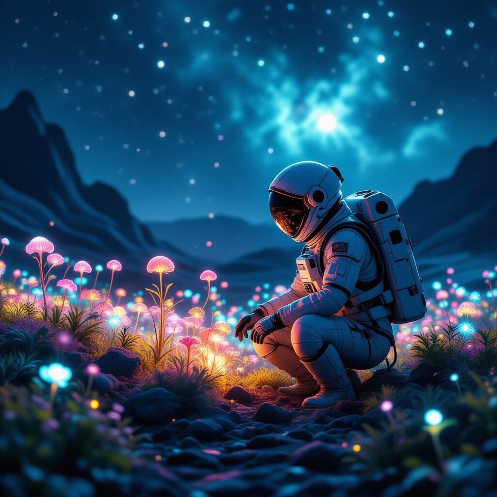Astronaut Tends Alien Garden Under Nebula Glow