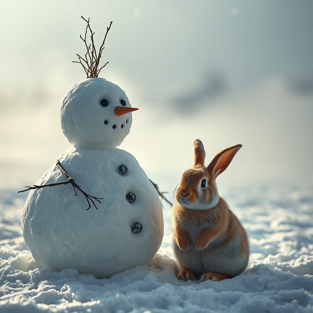 Snowman and Gentle Rabbit in Winter Wonderland
