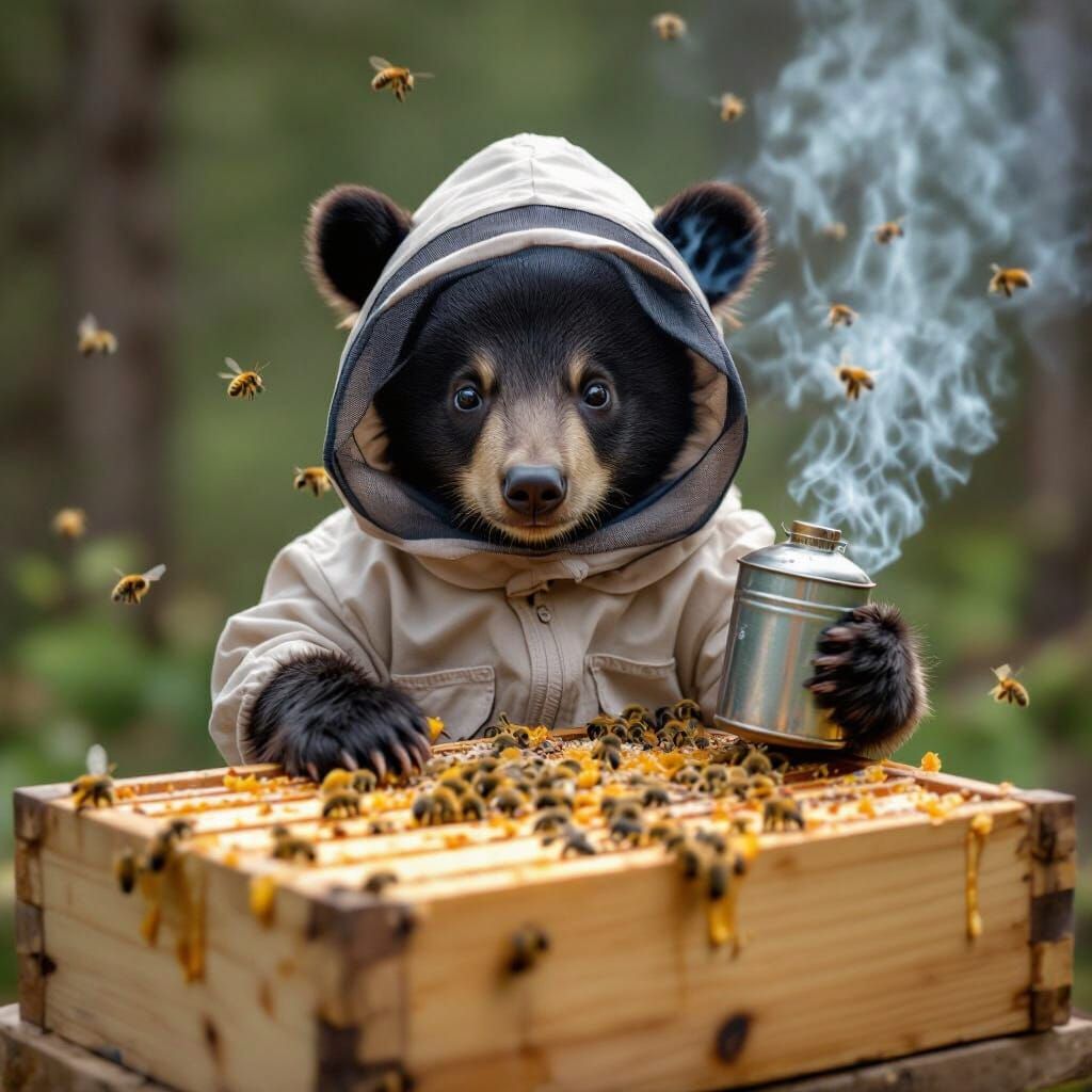 Baby Bear in Beekeeper Suit with Smoke Can