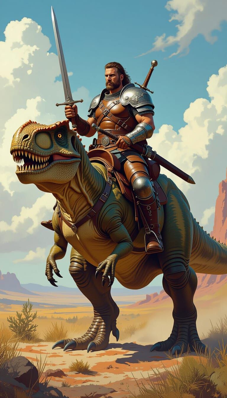 Warrior on T-Rex in Frazetta-esque Fantasy Art