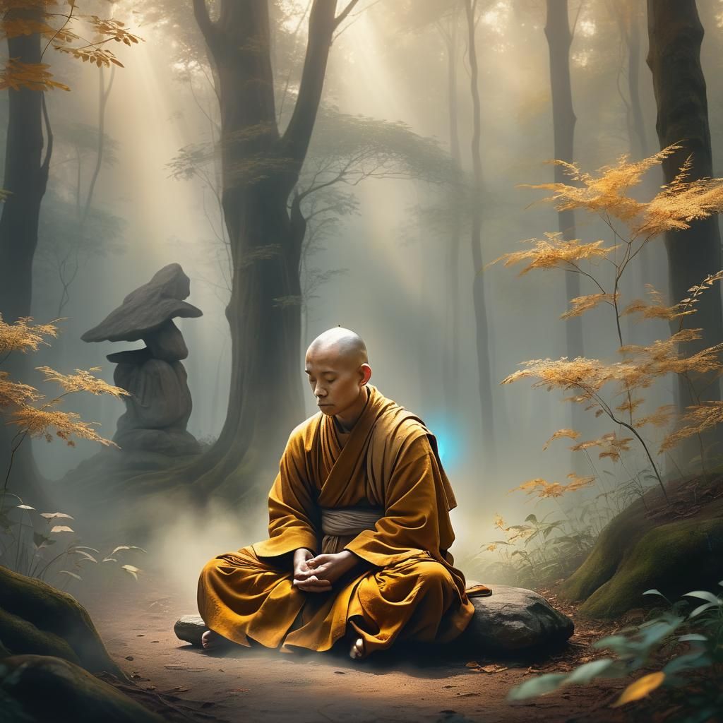 Serene Monk in Misty Forest: Digital Art