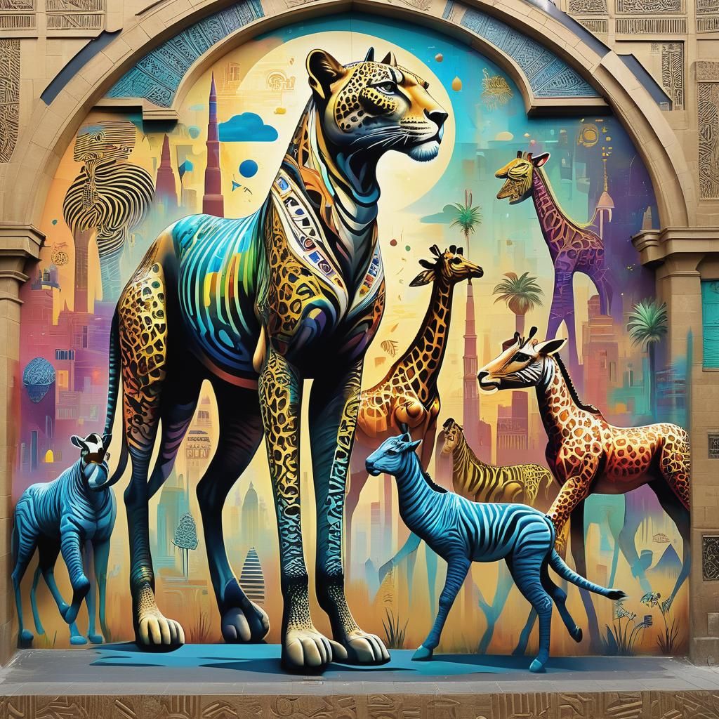 Realistic Egyptian Urban Mural with Geometric Art Deco and M...