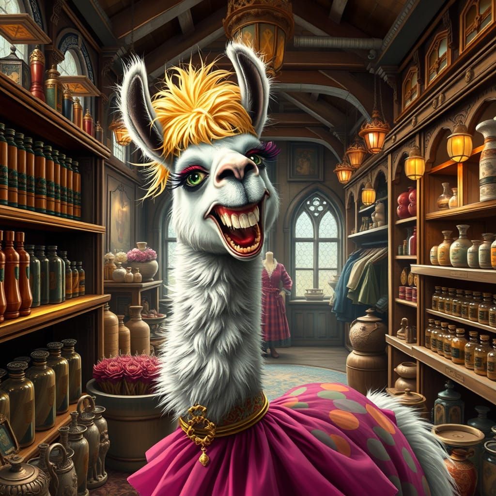 Flamboyant Llama Laughs in Whimsical Store