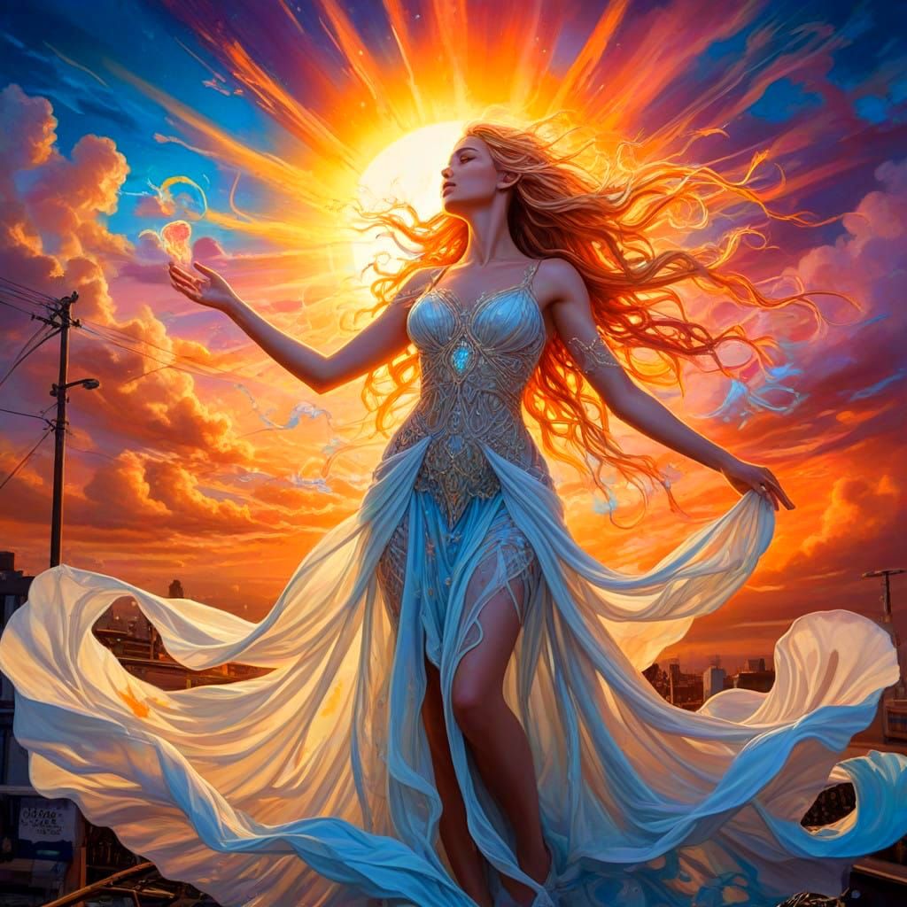Surreal Goddess Radiates Divine Sunset Glow