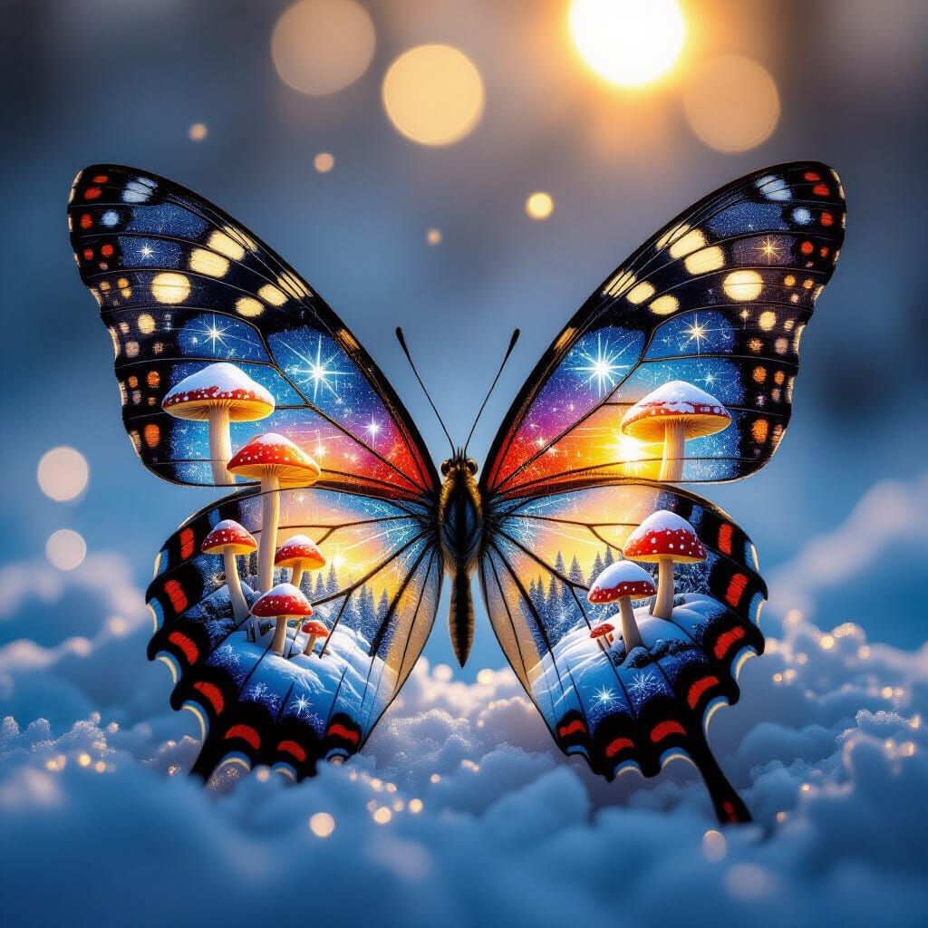 Butterfly Double Exposure With Winter Fantasy World
