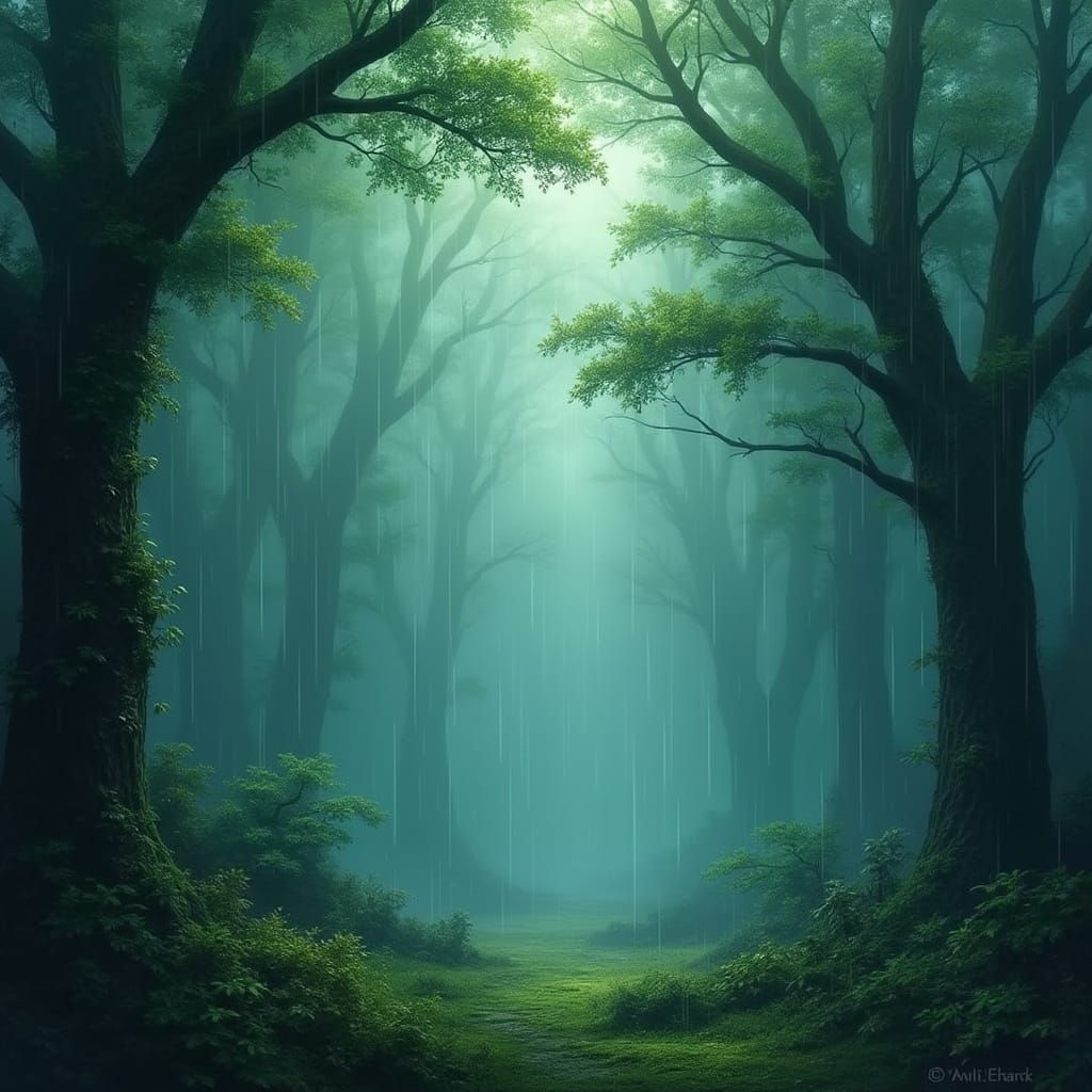 Ethereal Forests in a Misty Rainy Veil