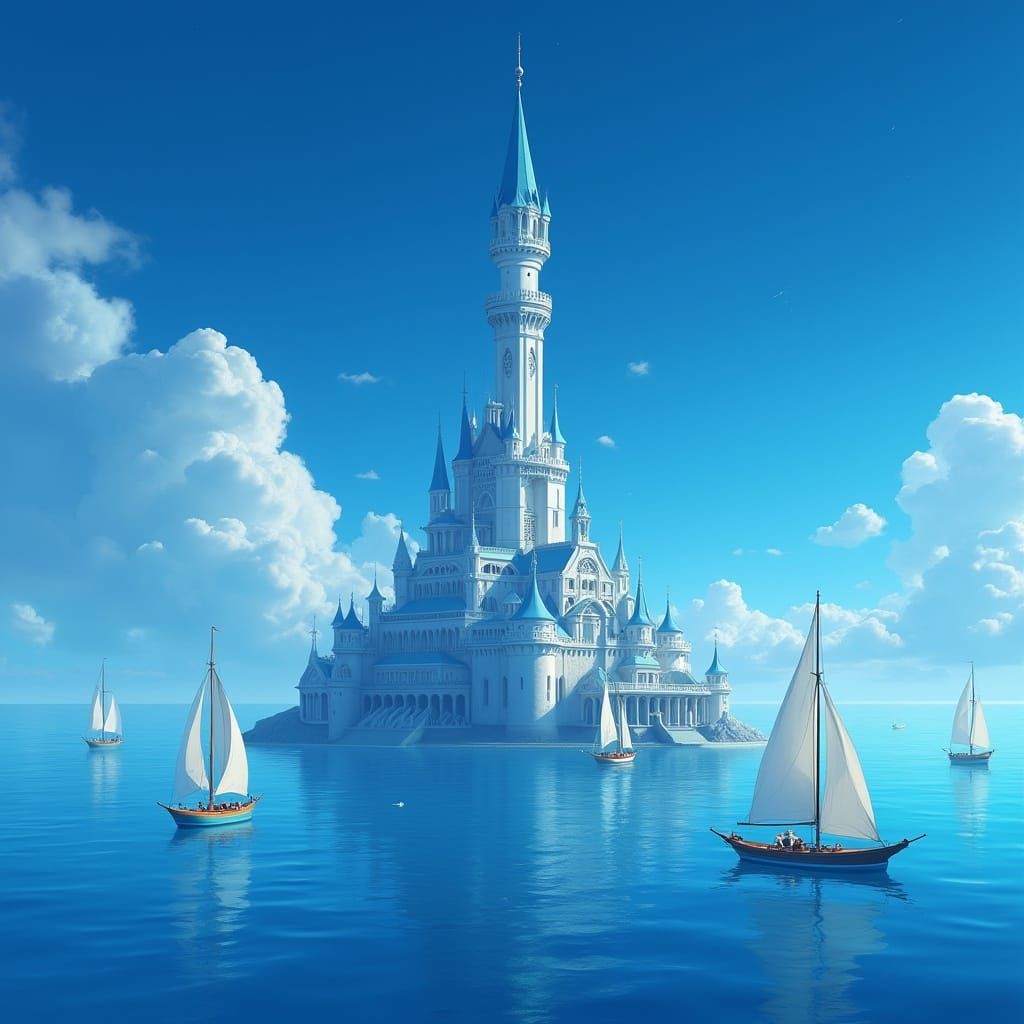 Floating Royal Palace on Ocean, Digital Art
