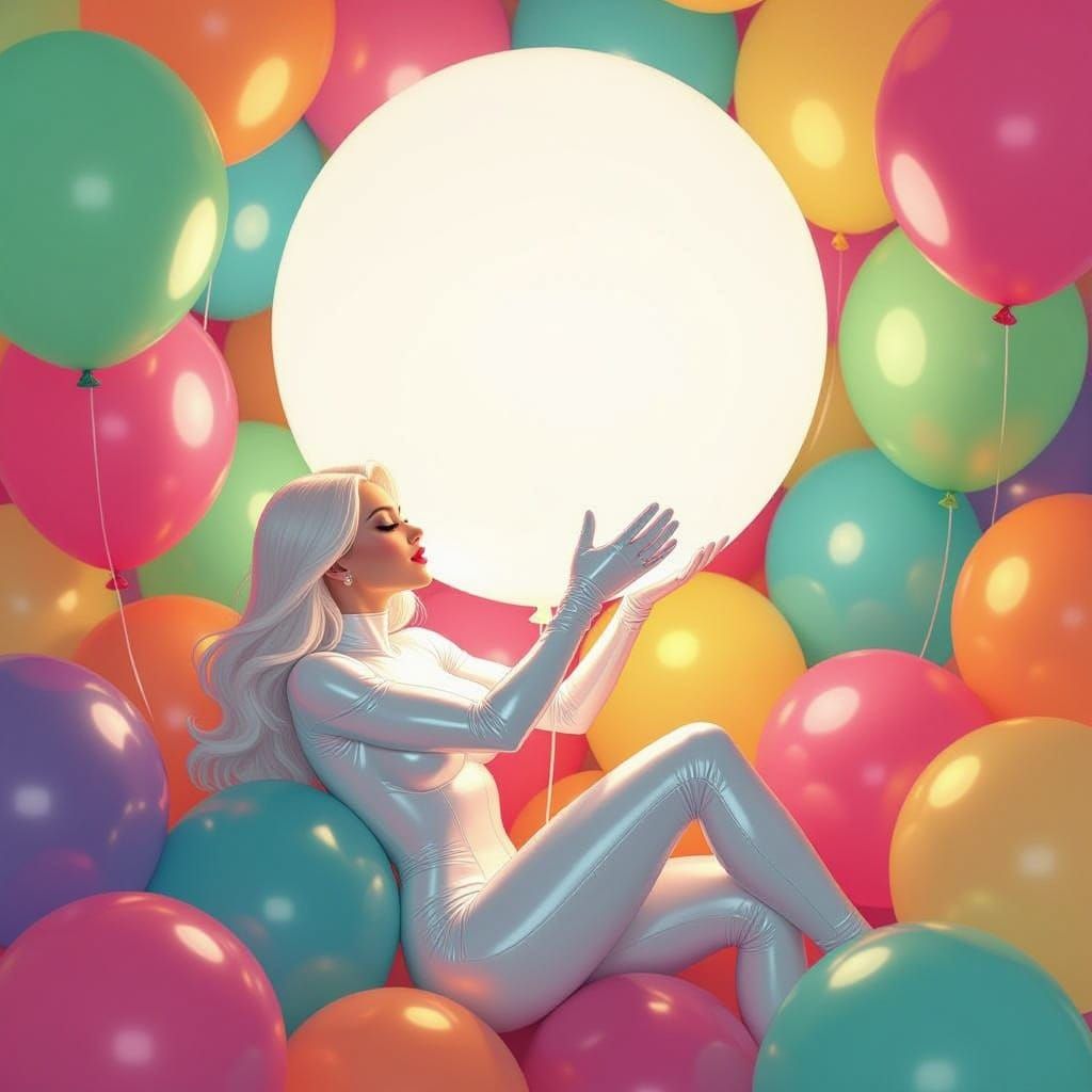Emma Frost Embraces Giant Balloon Amidst Colorful Orb Sea