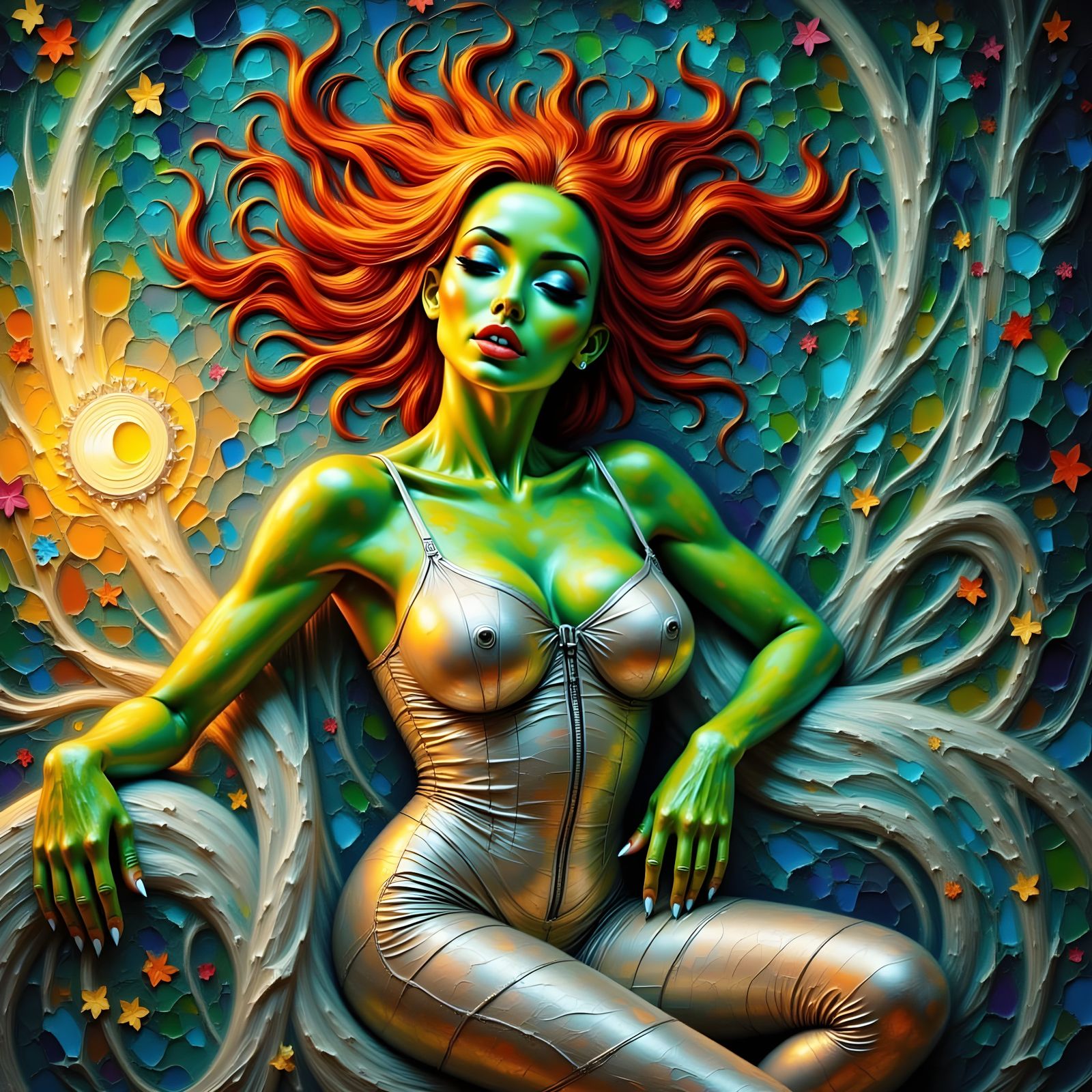 Reimagined Alien Beauty in a Vibrant Neo-Impressionist Paint...