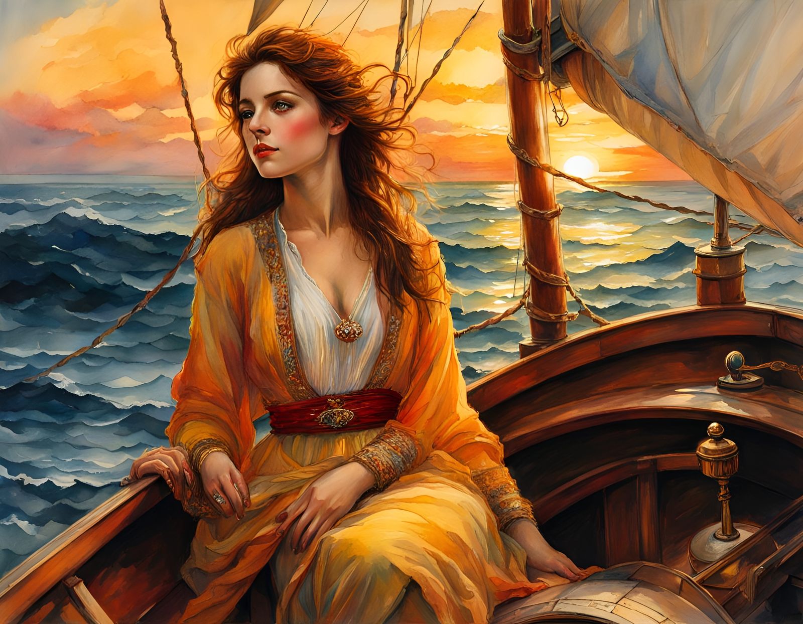 Woman on Sailboat in Waterhouse Style Watercolor