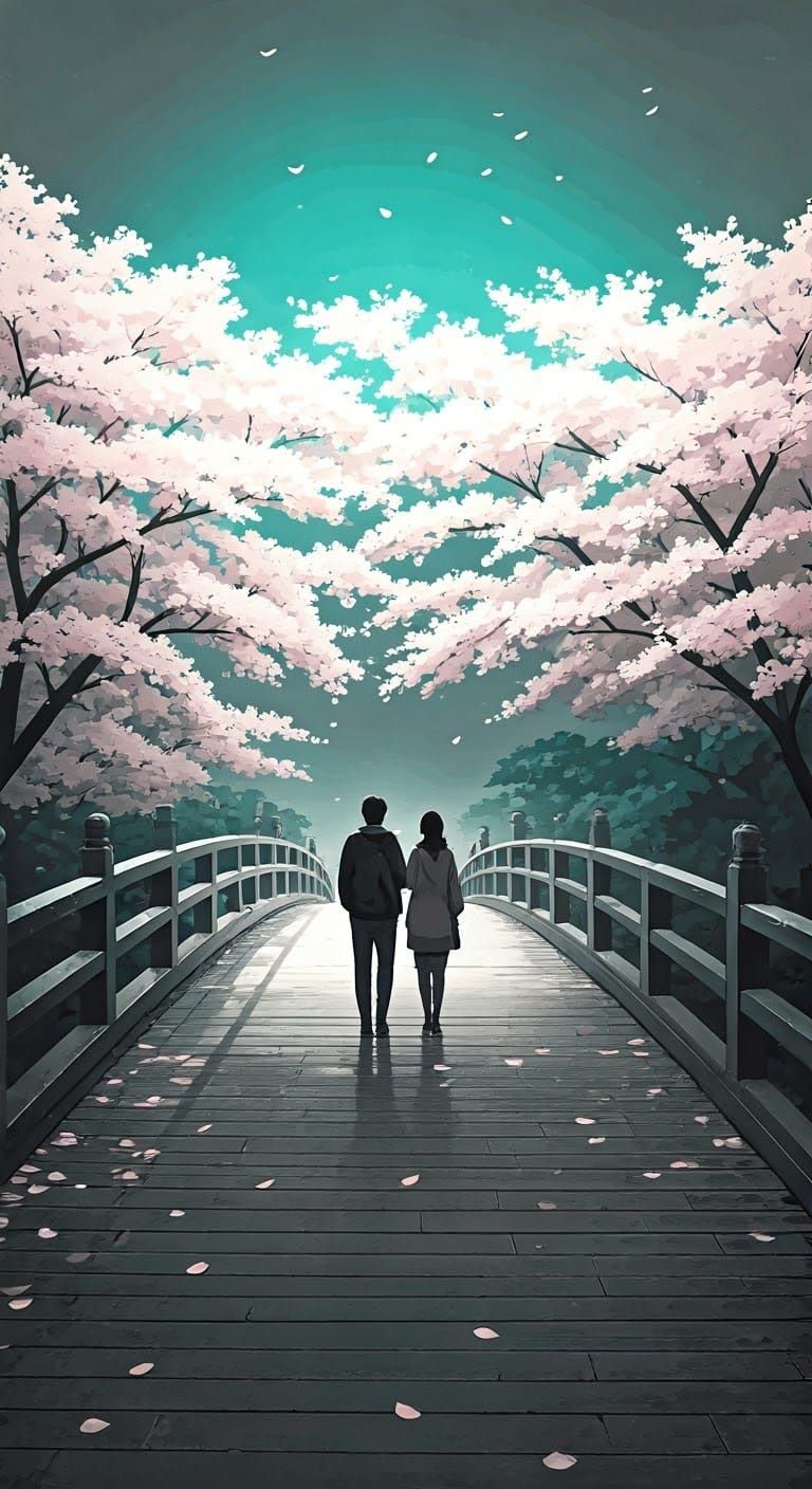 Cherry Blossom Bridge: Atmospheric Painting in Aquamarine an...